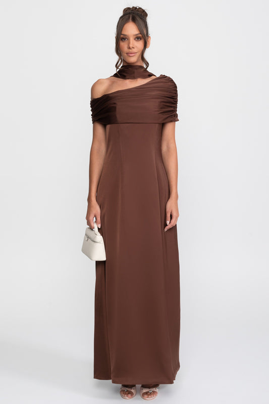 One-Shoulder Draped Satin Maxi Gown with Ruched Wrap Collar – Brown