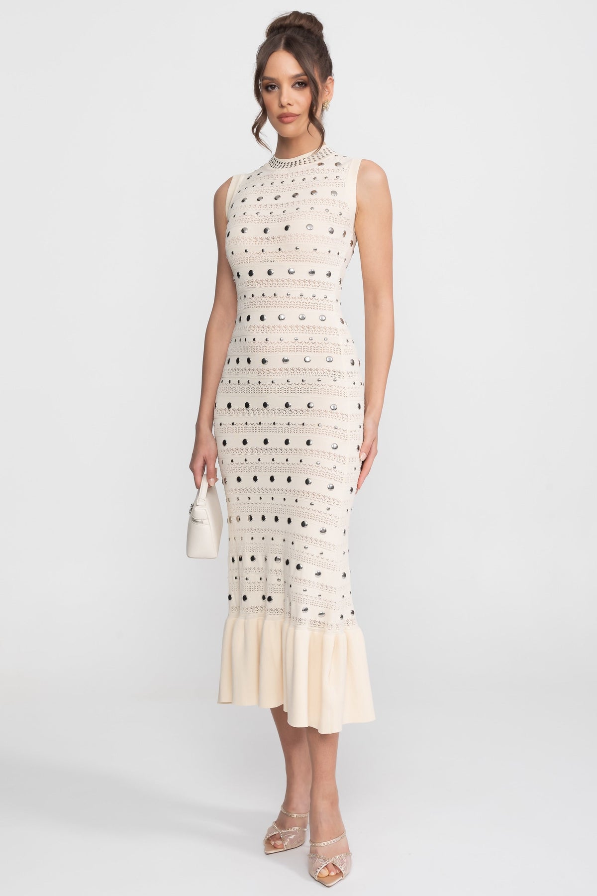 Embellished Open-Knit Mock Neck Sleeveless Midi Dress – Cream