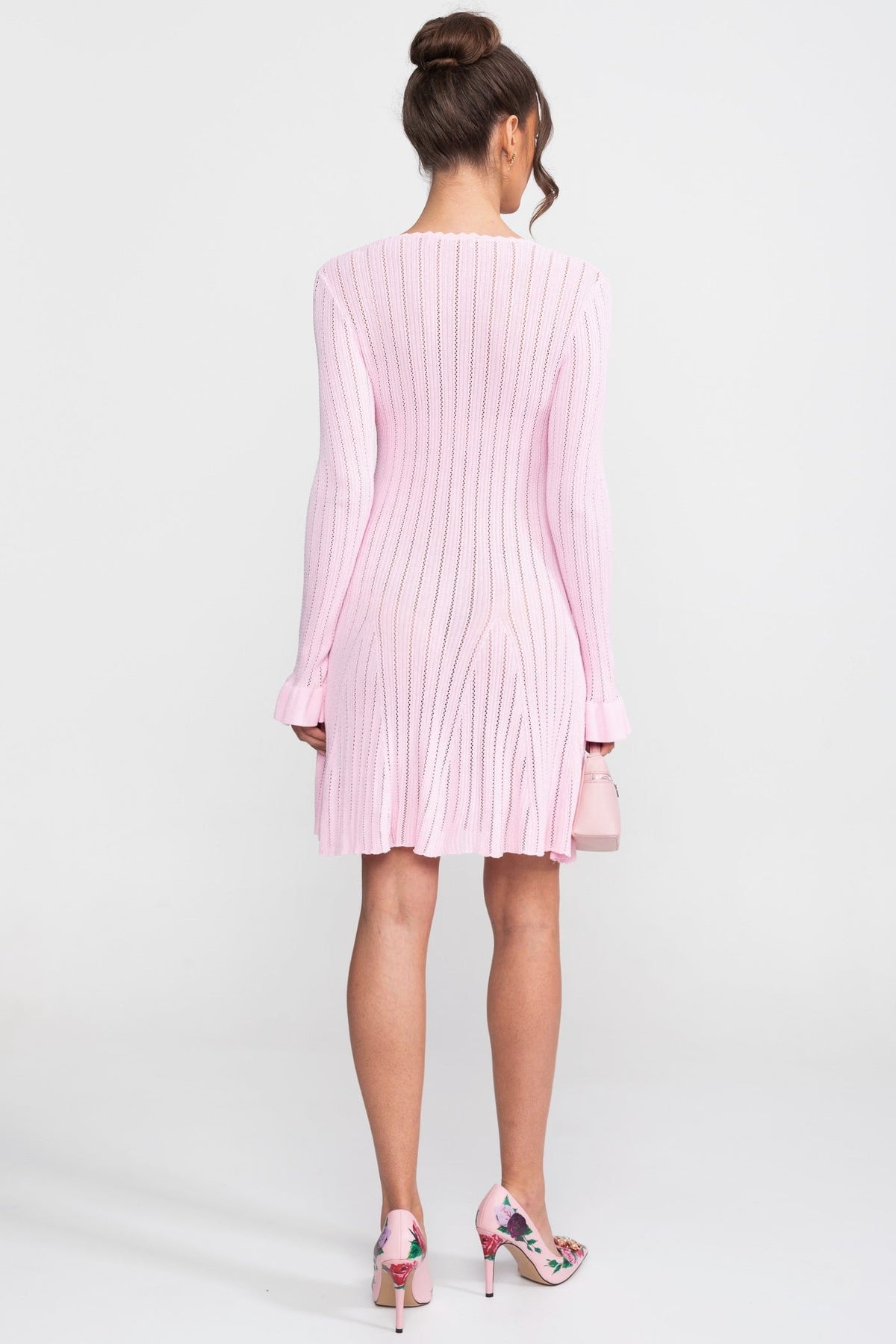 Pointelle Knit Scallop V-Neck Mini Dress with Ruffle Cuffs – Pink – view 5