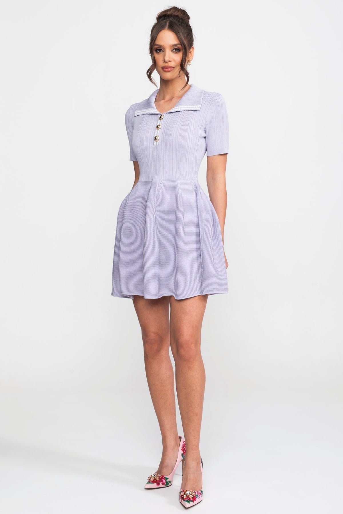 Ribbed Knit Open Polo Collar A-Line Mini Dress – Lilac – view 3