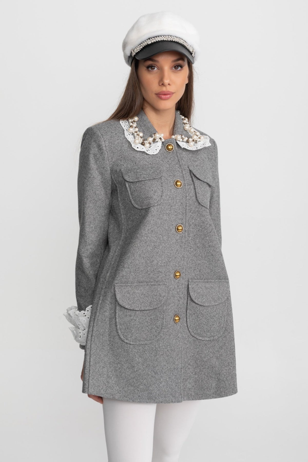 Flared Mini Coat with Pearl-Embellished Lace Collar – Grey