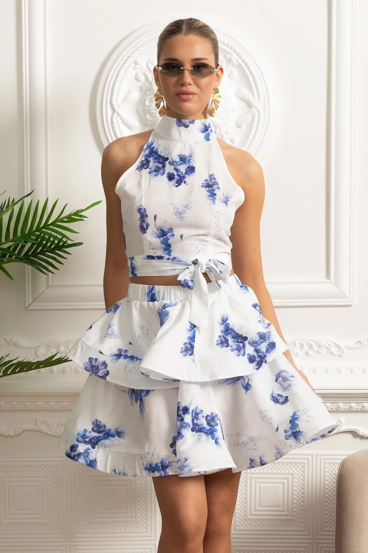 Floral Halter Crop Top and Layered Ruffle Mini Skirt Set – White/Blue