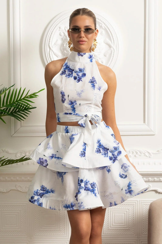 Floral Halter Crop Top and Layered Ruffle Mini Skirt Set – White/Blue