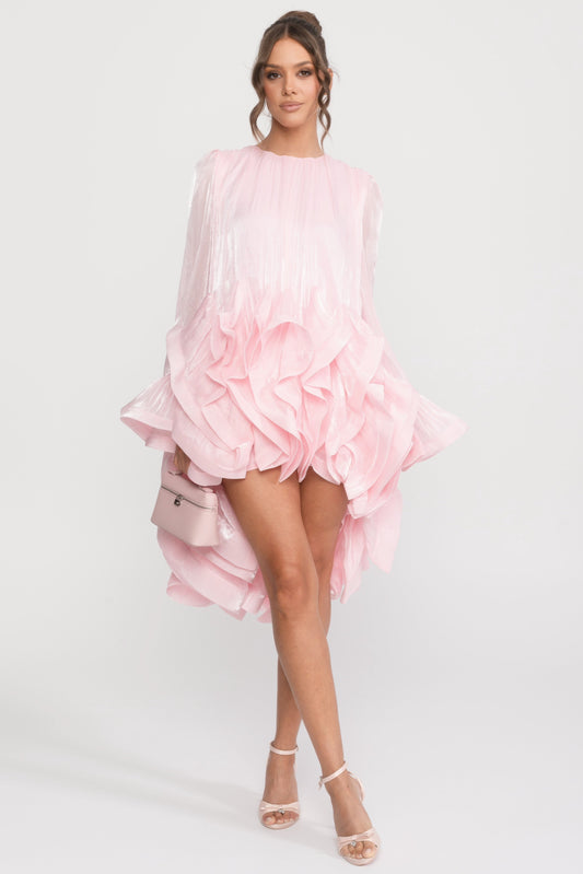 Asymmetric Ruffle Hem Satin-Finish Mini Dress with Flared Sleeves – Pink