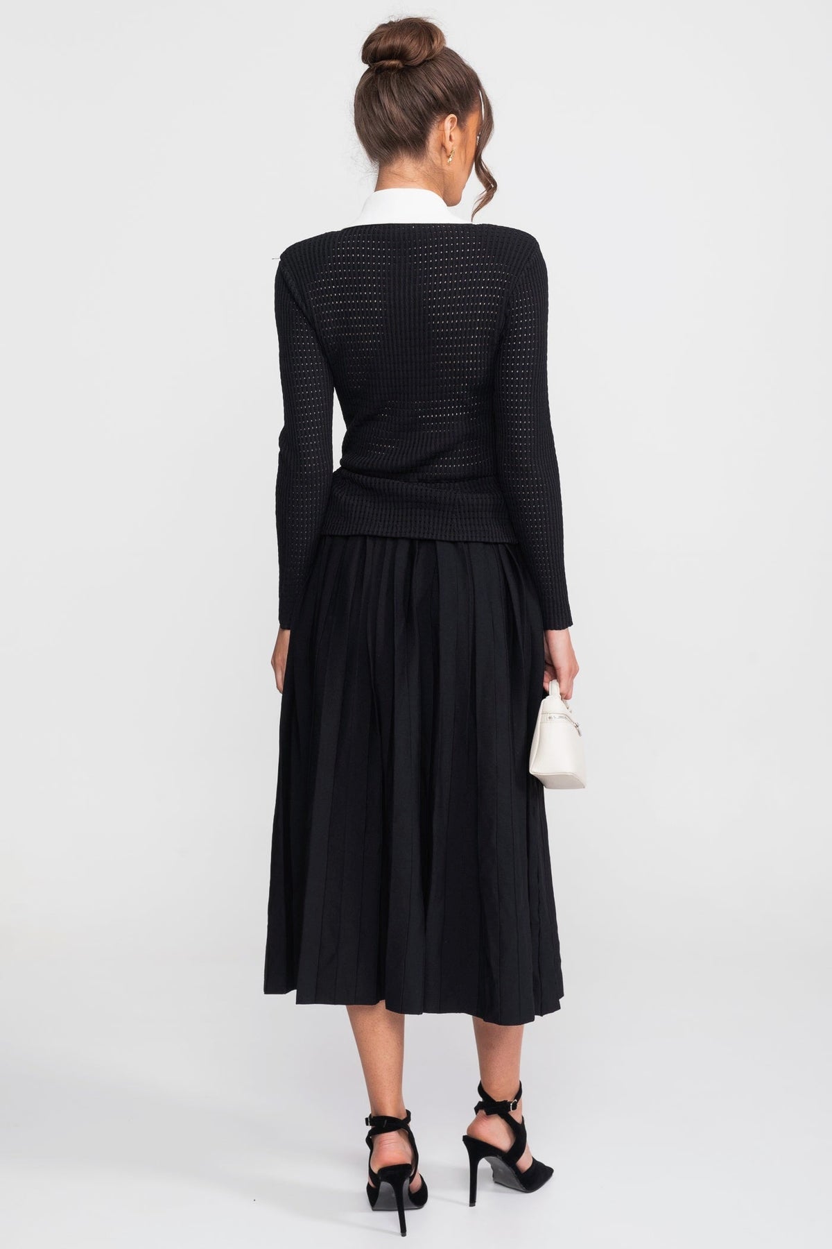 Open-Knit Polo Collar Button-Through Dress with Pleated Midi Skirt – Black – view 9