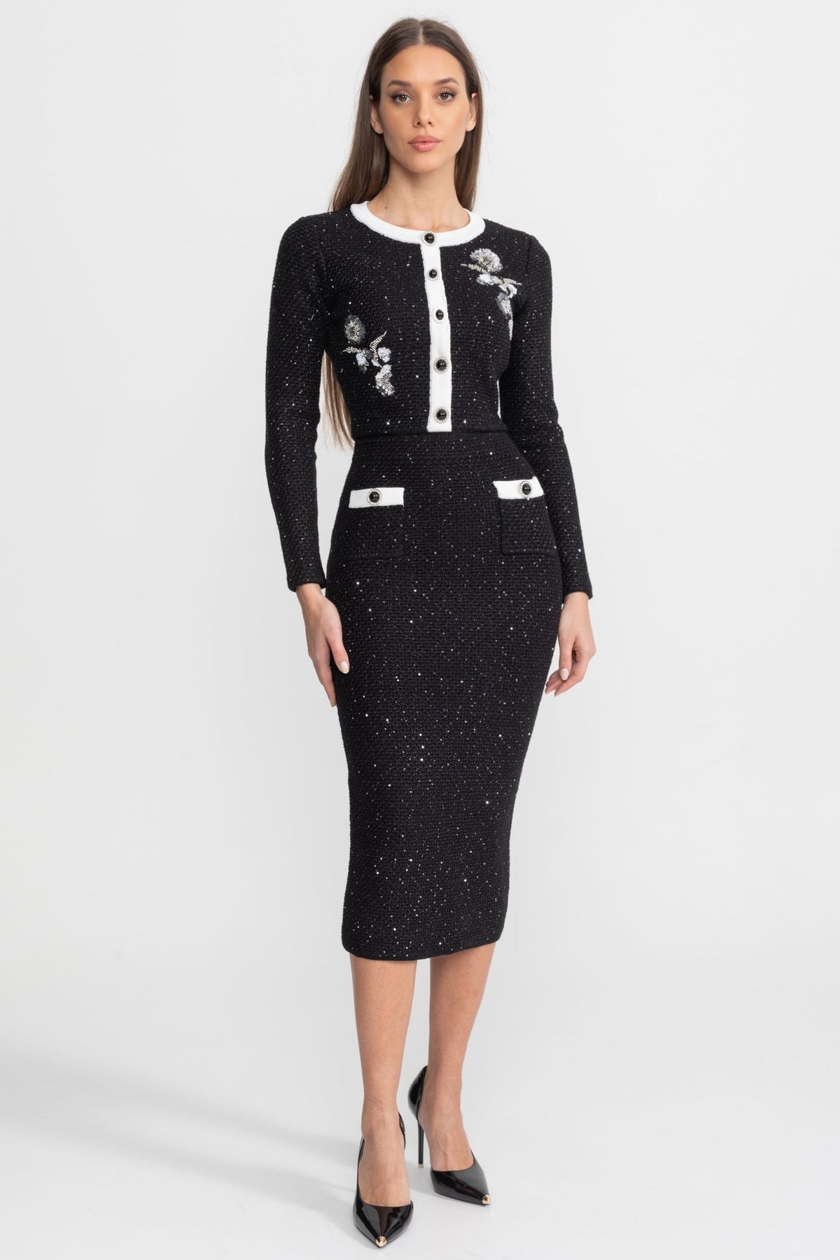 Floral Appliqué Tweed Knit Cropped Cardigan and Midi Skirt Set – Black