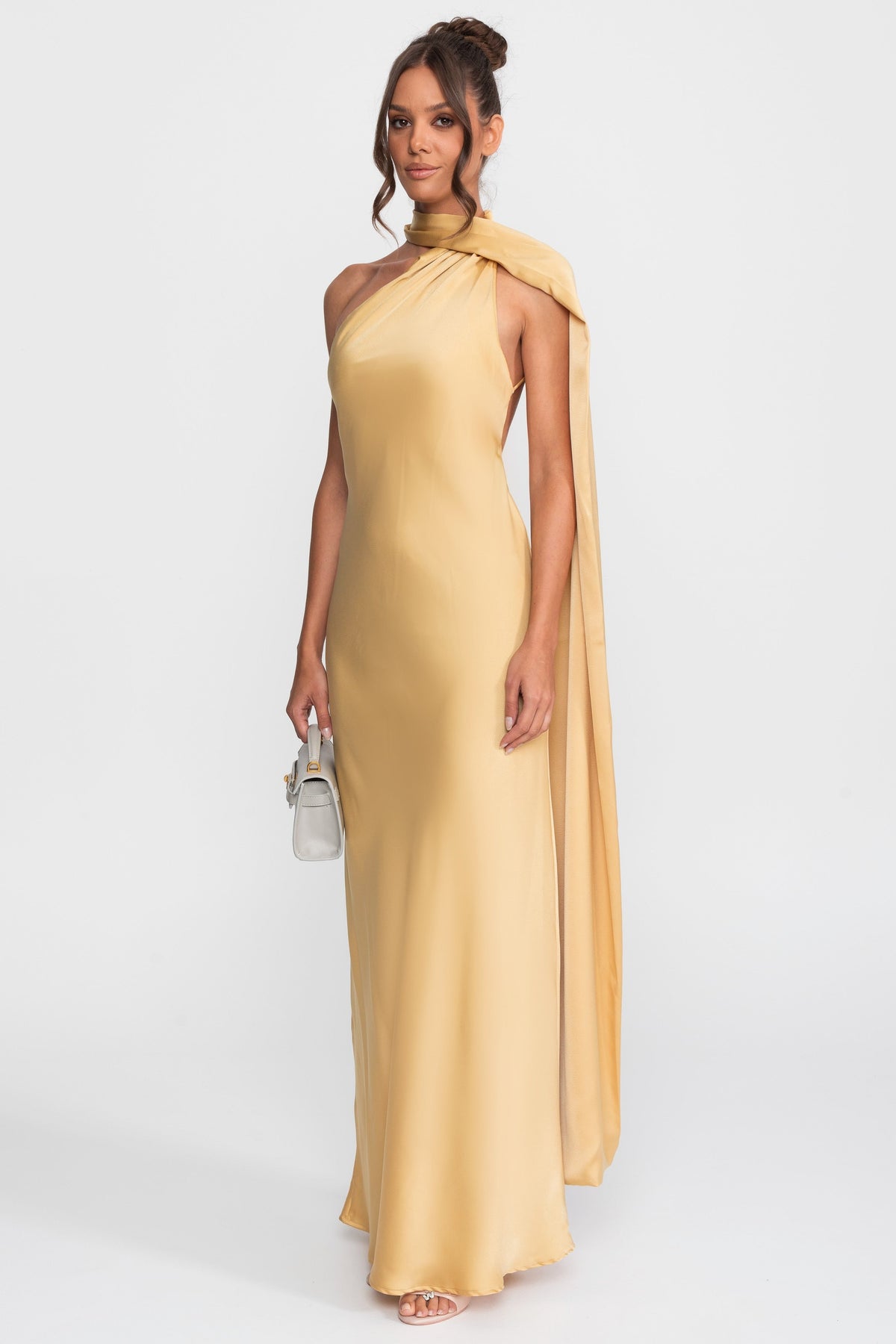 Twist Halter Satin Slip Dress with Asymmetric Neckline – Yellow – view 3