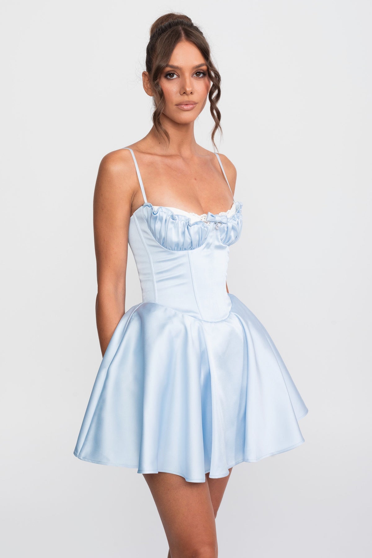 Satin Sweetheart Fit-and-Flare Mini Dress with Lace Trim – Blue – view 7