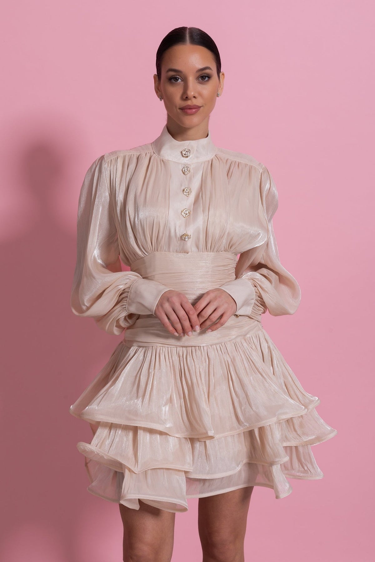 Stand Collar Balloon Sleeve Mini Dress with Tiered Ruffle Skirt – Champagne – view 7