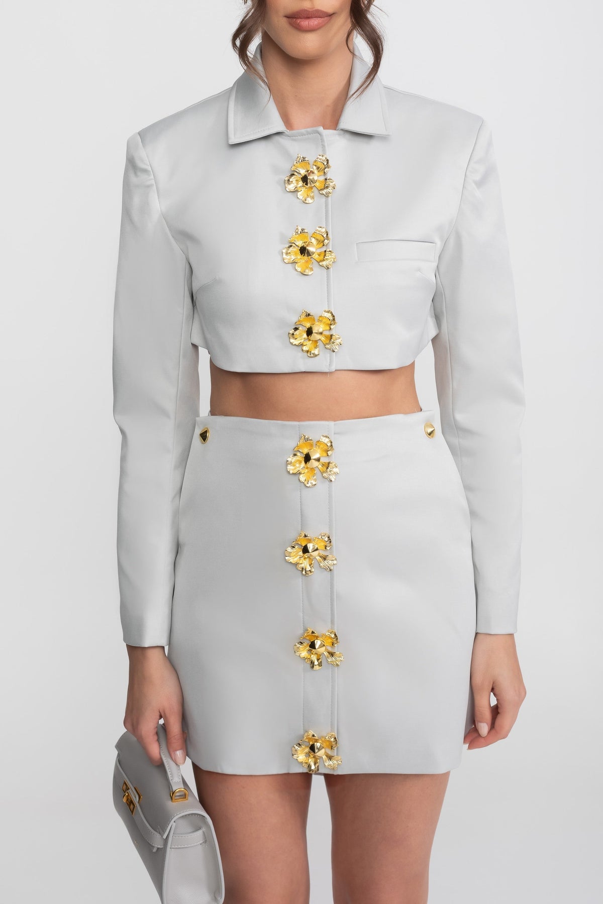 Cropped Jacket and Mini Skirt Co-ord Set with 3D Floral Buttons – Light Grey – view 8