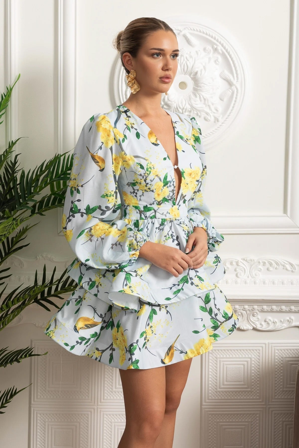 Watercolour Floral V-Neck Volume Sleeve Peplum Mini Dress – Sky Blue