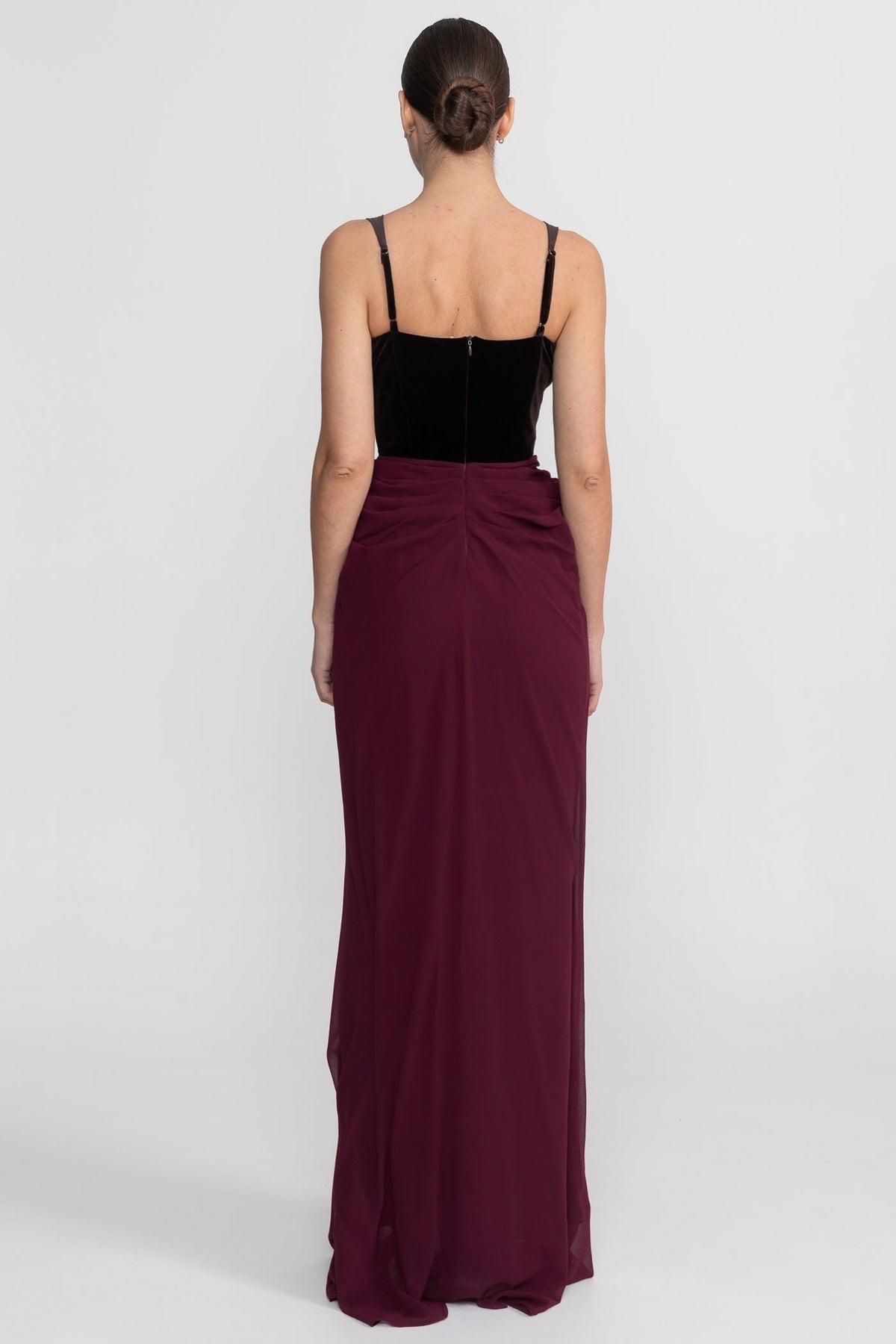 Velvet Corset Bodice Maxi Dress with Flowing Chiffon Skirt – Burgundy – view 9