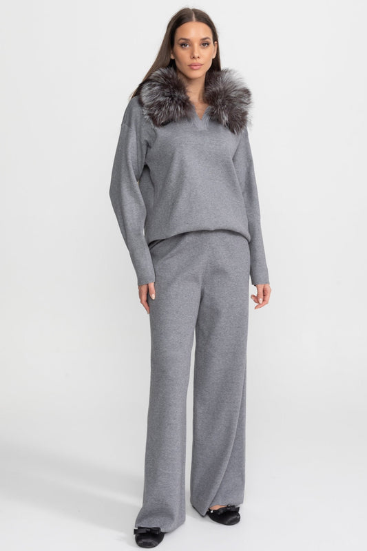 Knit Lounge Top and Straight Leg Trousers Set – Grey