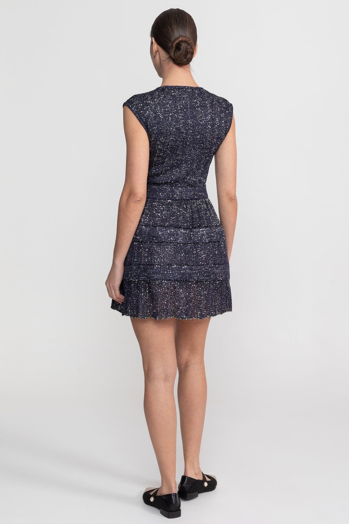 Sequin Cap Sleeve Mini Dress with Tiered Ruffle Skirt – Navy – view 3