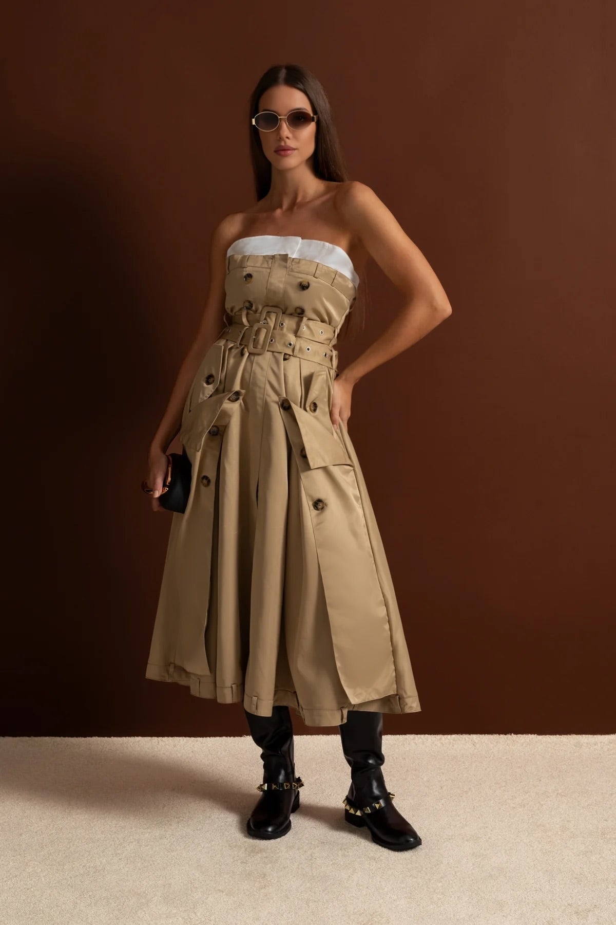 Strapless Double-Breasted Trench Midi Dress with Belted Waist – Beige – view 2