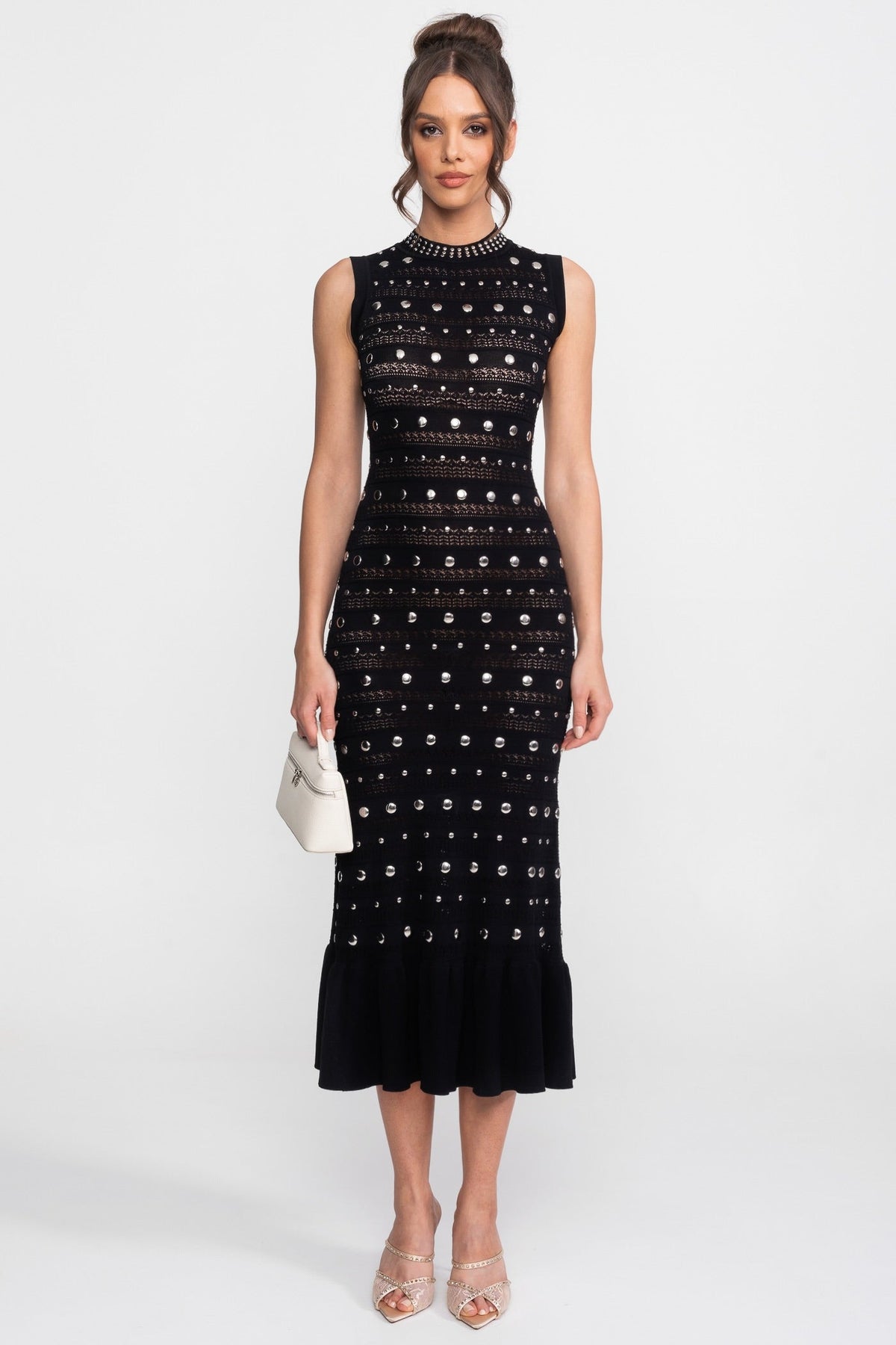 Sleeveless Mock Neck Embellished Knit Midi Dress with Ruffle Hem – Black