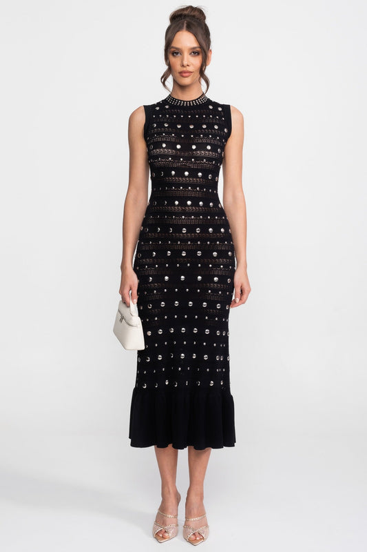 Sleeveless Mock Neck Embellished Knit Midi Dress with Ruffle Hem – Black