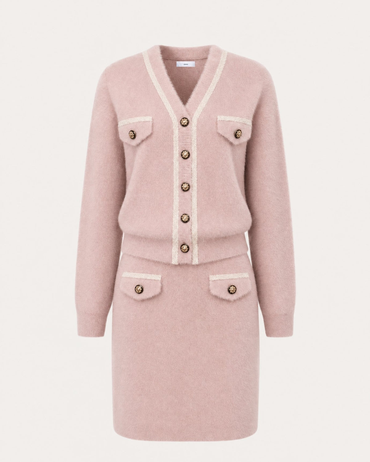 Jacquard Colour Block Long Sleeve Knit Cardigan and Skirt Set