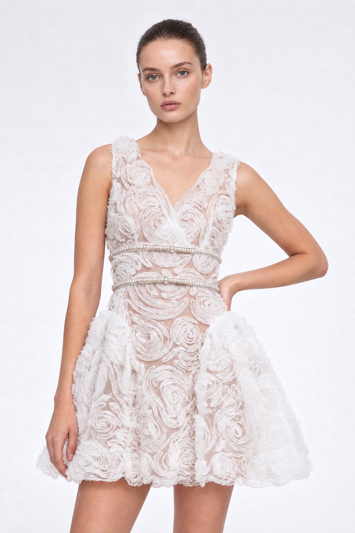 Rosette Embroidered Tulle Pouf Mini Dress with Pearl Belt – Ivory – view 3