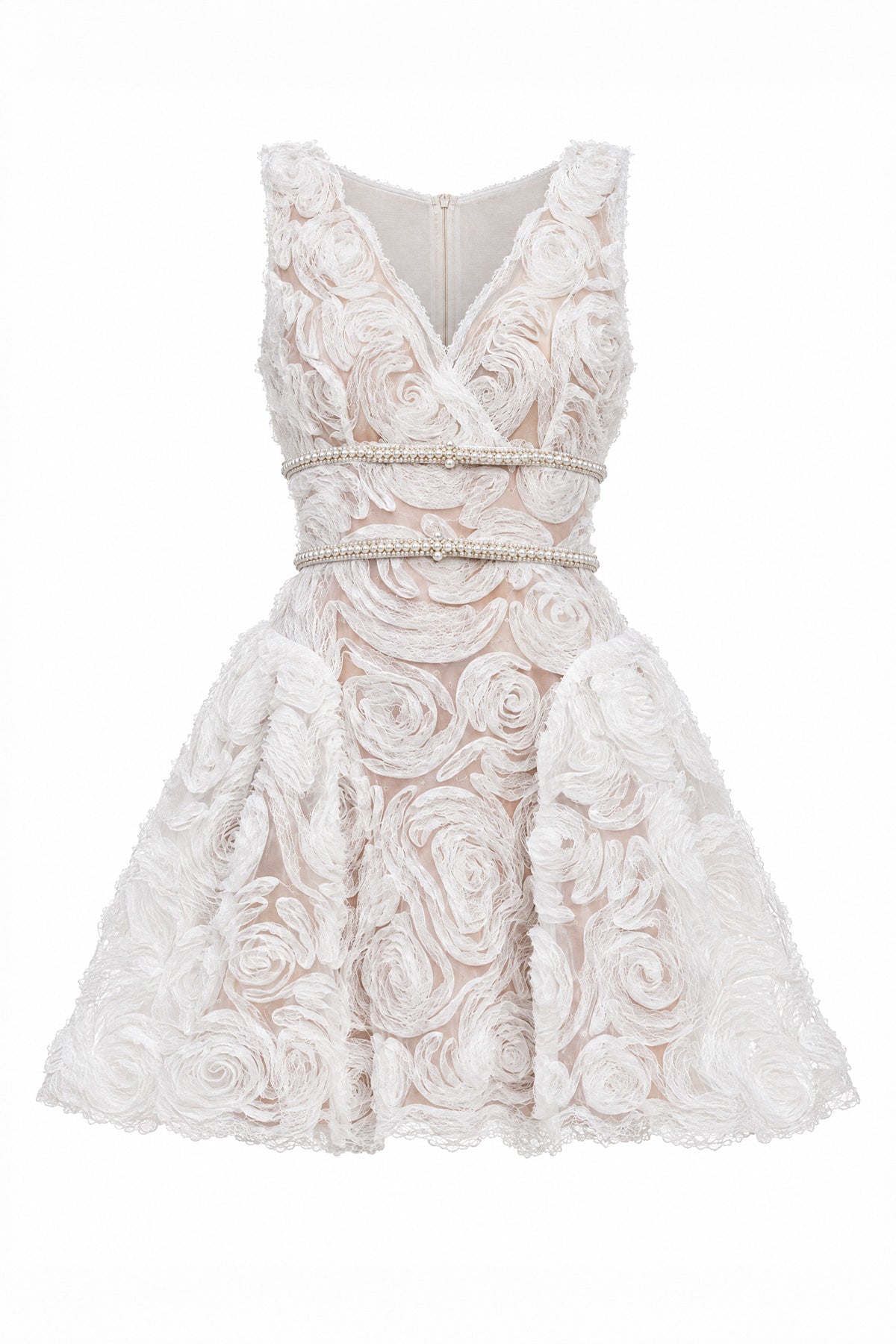 Rosette Embroidered Tulle Pouf Mini Dress with Pearl Belt – Ivory – view 2