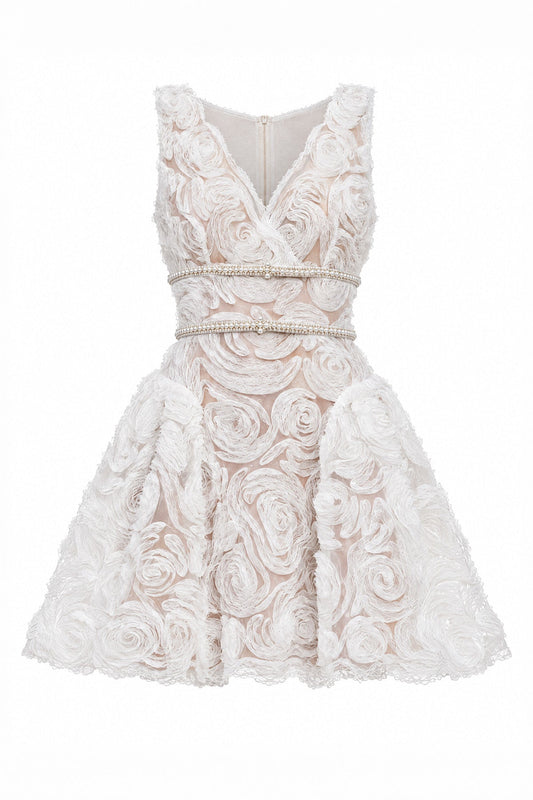 Rosette Embroidered Tulle Pouf Mini Dress with Pearl Belt – Ivory – view 2