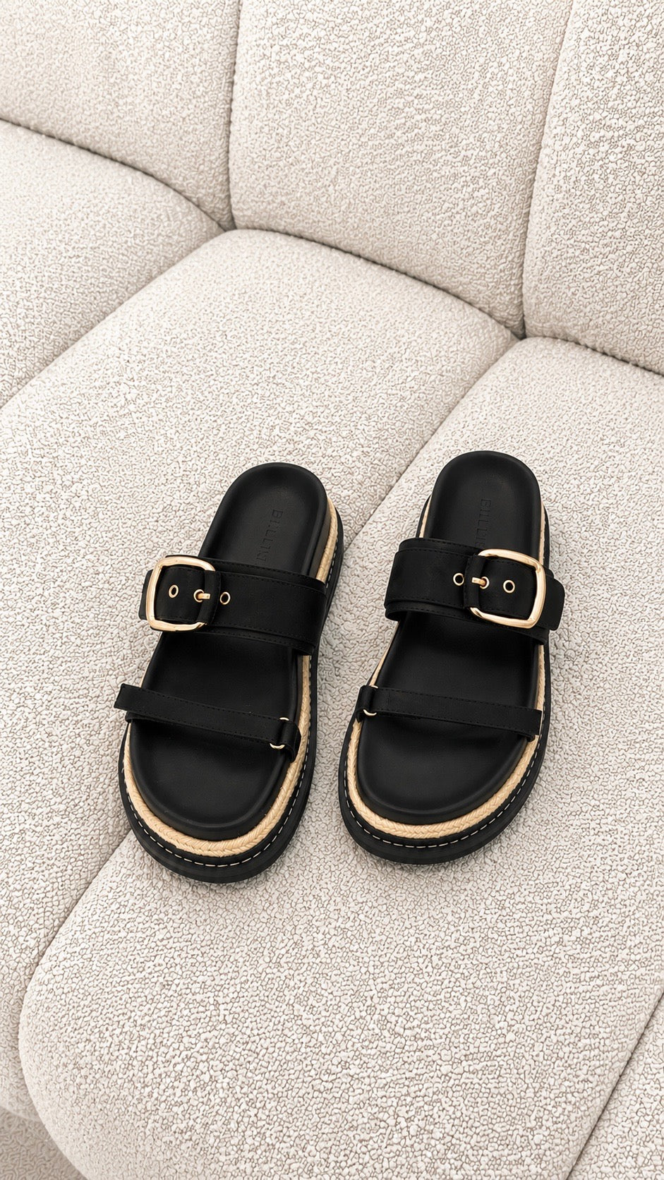 Tabitha Platform Slides with Rope Detail and Buckle Strap – Black