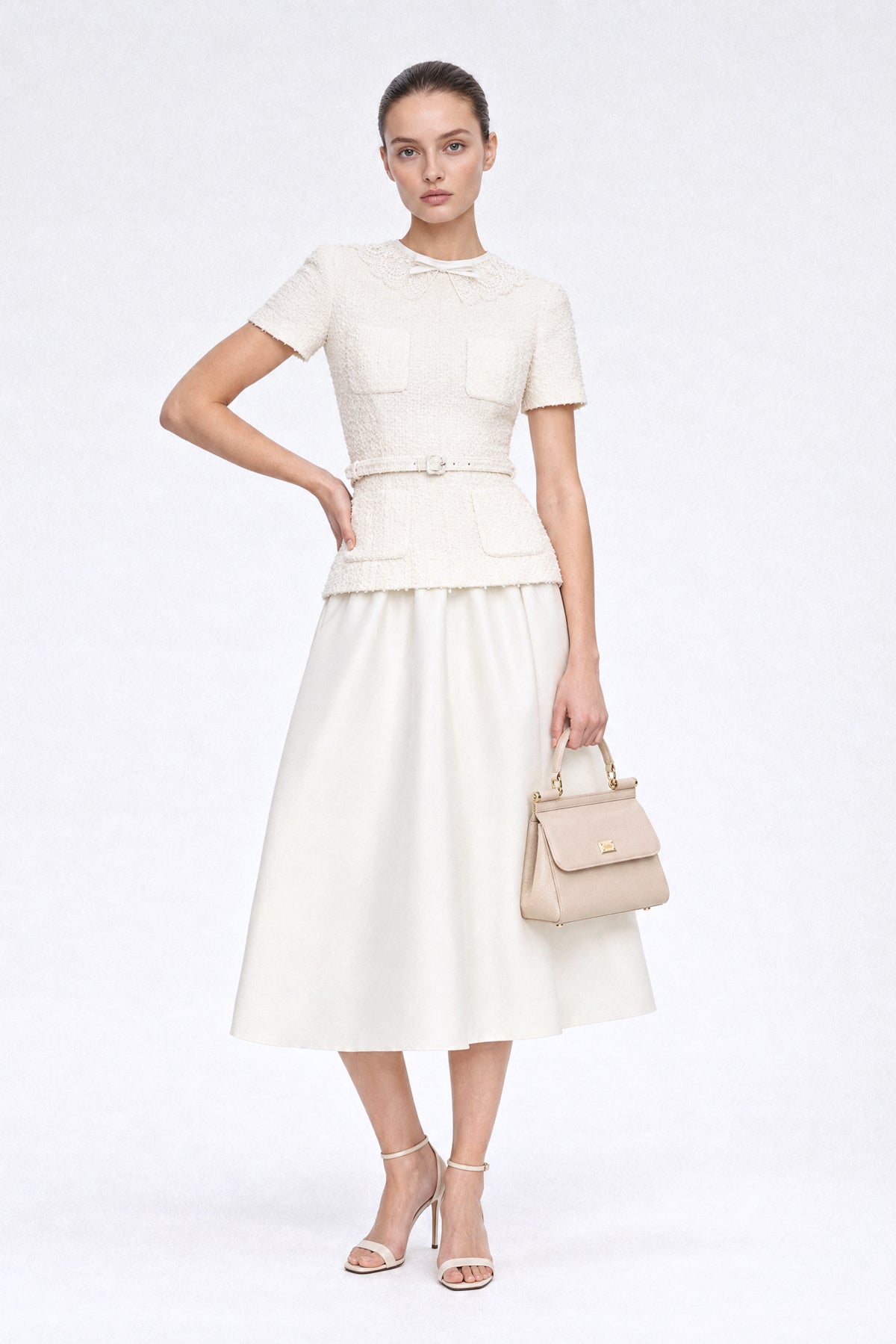 Bouclé Tweed Peplum Midi Dress with Lace Collar and Mikado Skirt – Ivoire – view 1