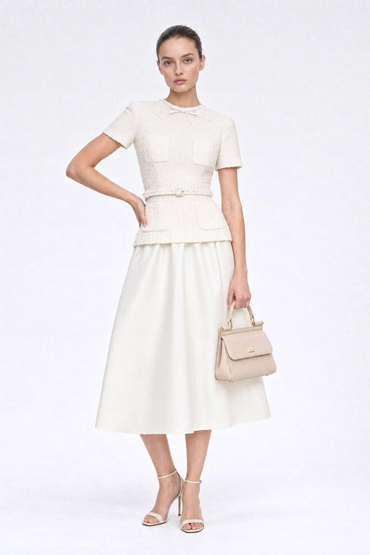 Bouclé Tweed Peplum Midi Dress with Lace Collar and Mikado Skirt – Ivoire