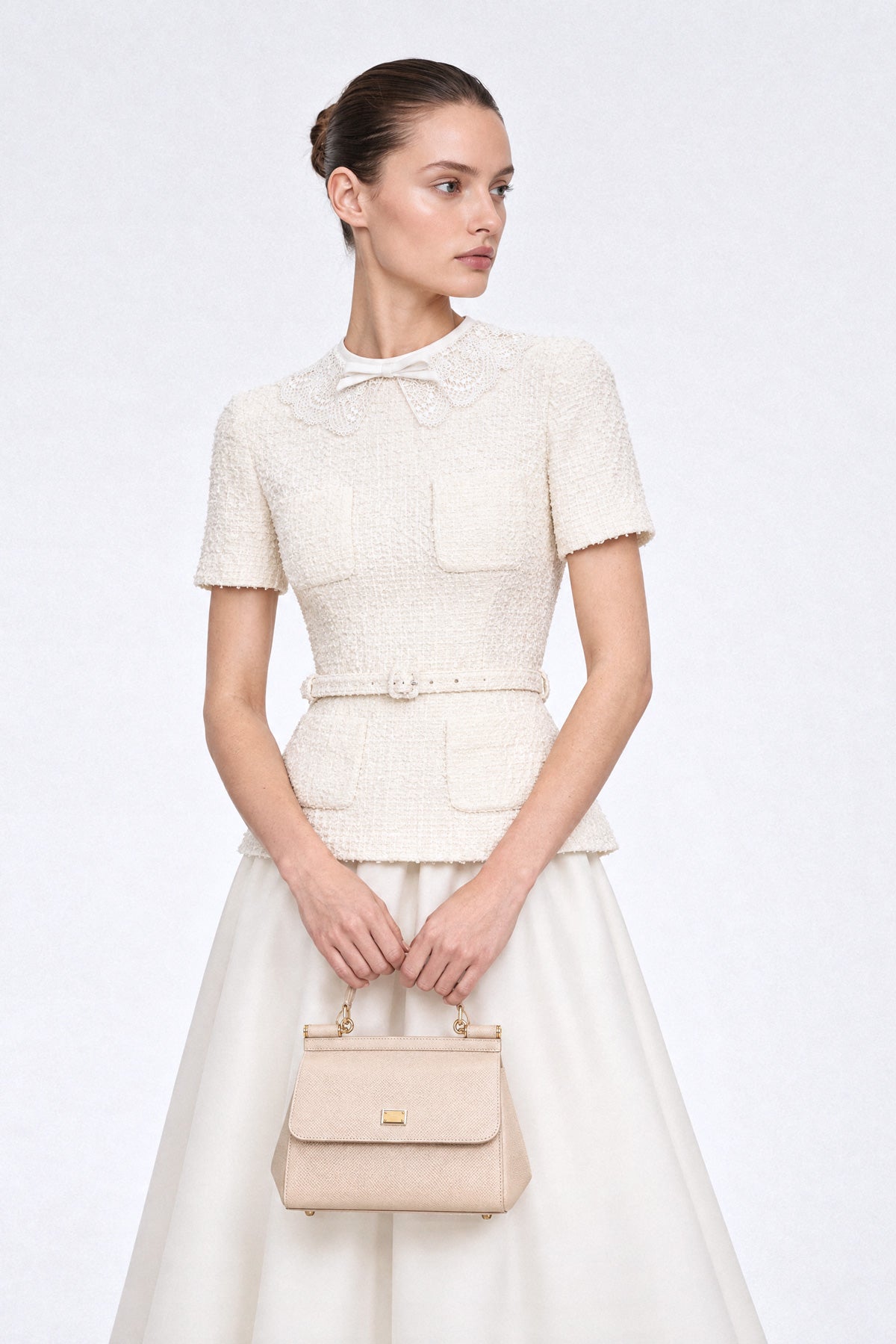 Bouclé Tweed Peplum Midi Dress with Lace Collar and Mikado Skirt – Ivoire – view 3