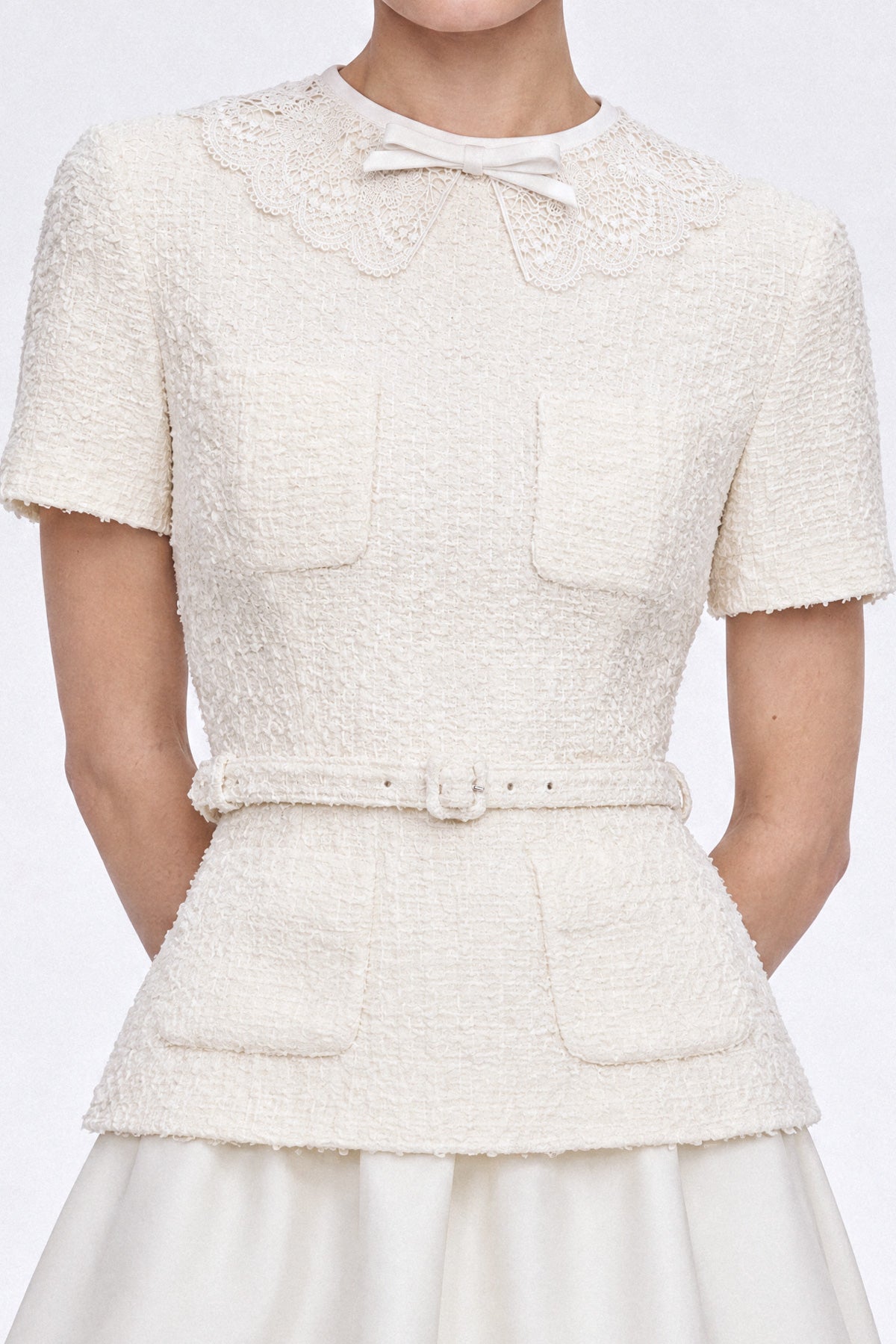 Bouclé Tweed Peplum Midi Dress with Lace Collar and Mikado Skirt – Ivoire – view 4