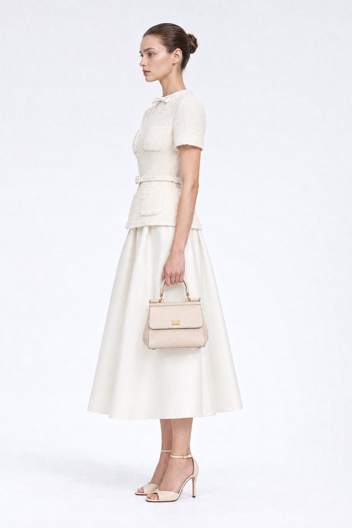 Bouclé Tweed Peplum Midi Dress with Lace Collar and Mikado Skirt – Ivoire – view 5