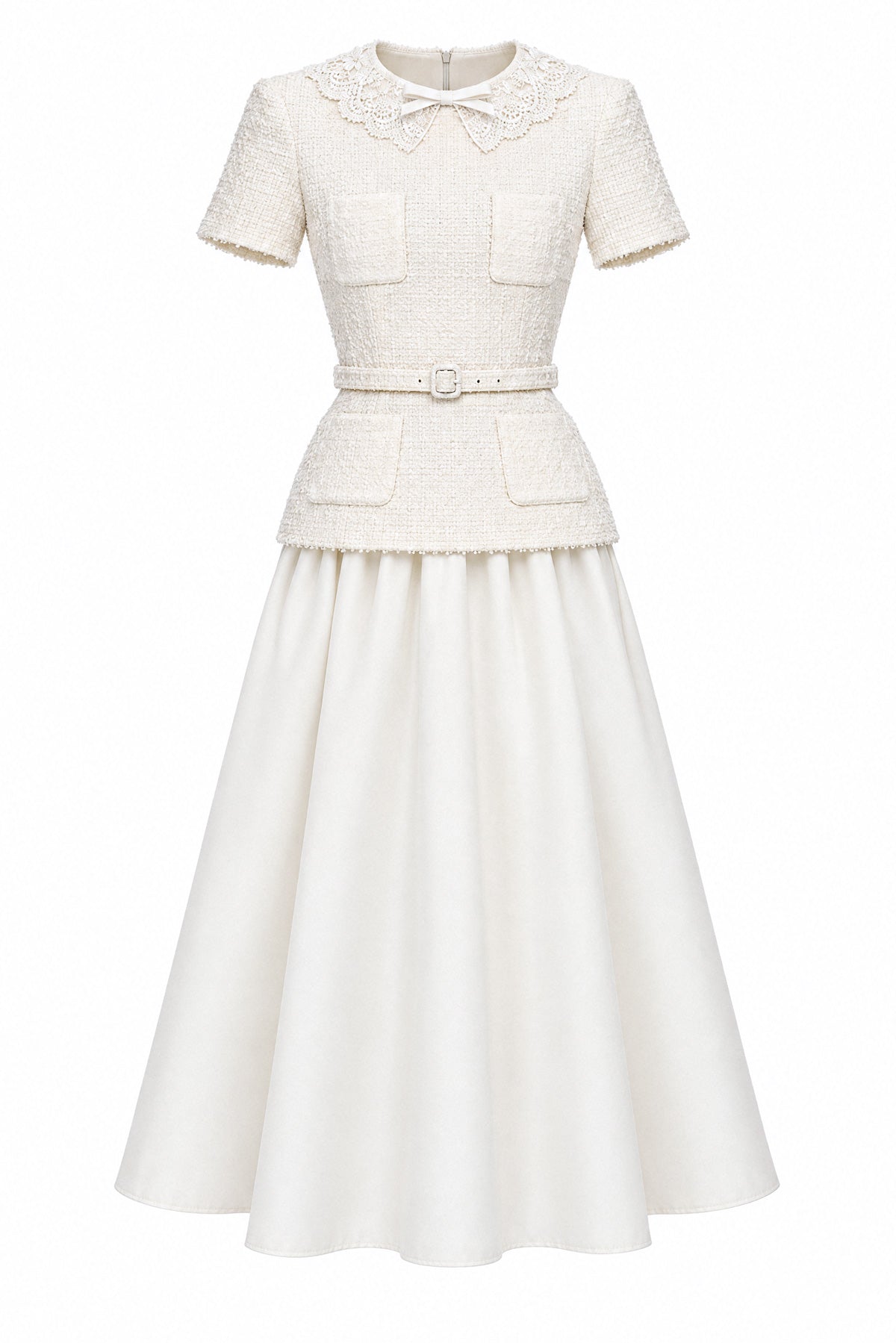 Bouclé Tweed Peplum Midi Dress with Lace Collar and Mikado Skirt – Ivoire – view 2