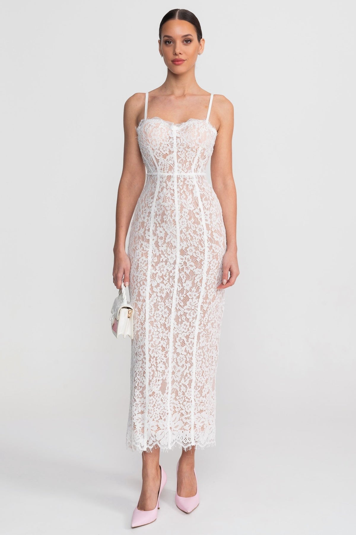Lace Pencil Midi Dress with Sheer Corset Bodice and Sweetheart Neck – White