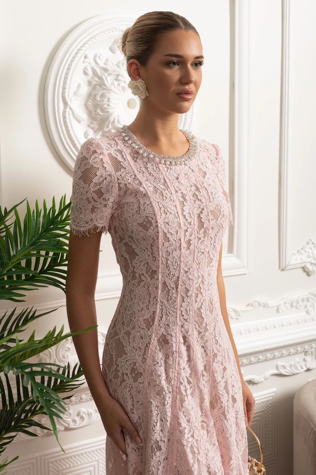Lace A-Line Midi Dress with Crystal Embellished Crew Neck – Pink – view 3