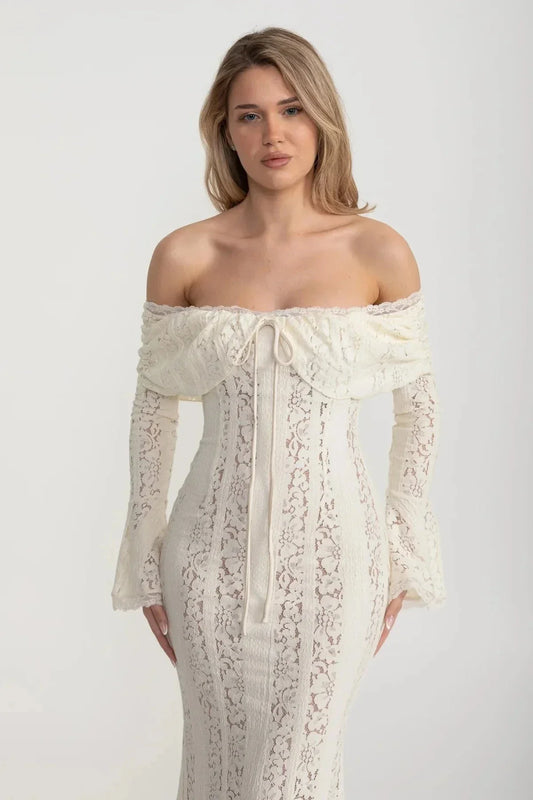 Off-Shoulder Floral Lace Gown with Long Flared Sleeves – Ivory – view 2
