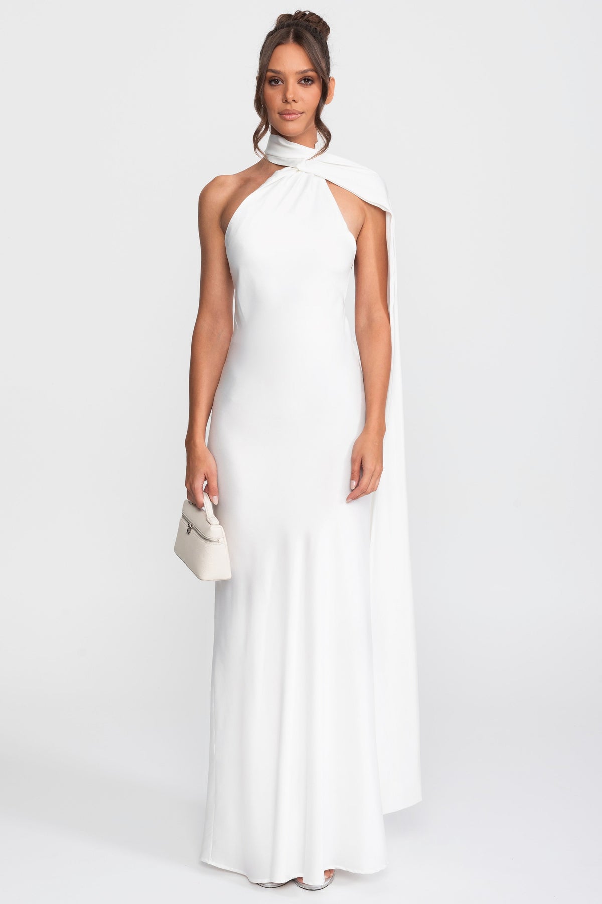 Twist Halter Satin Slip Dress with Asymmetric Neckline – White – view 3