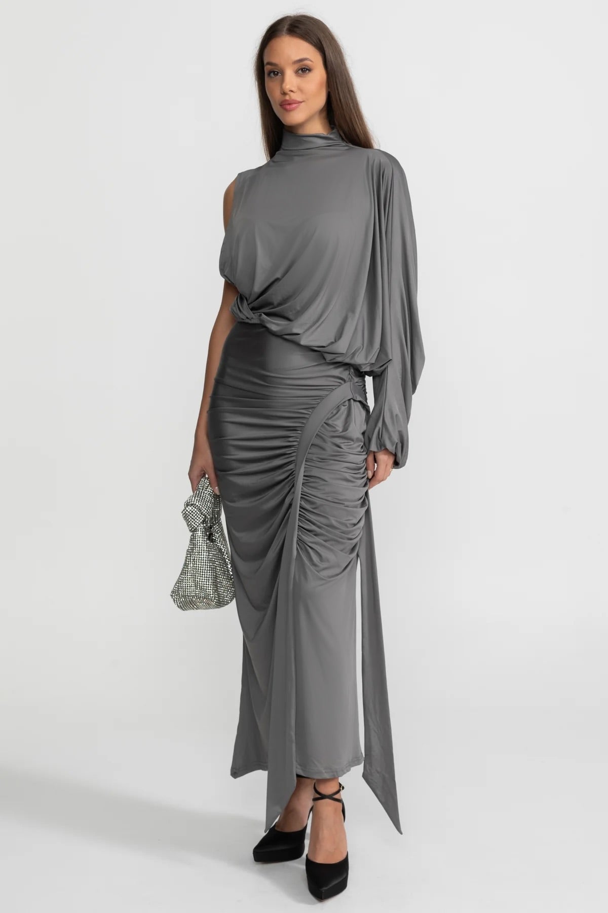 Draped Asymmetric One-Sleeve Top and Ruched Maxi Skirt Co-ord Set – Steel Grey