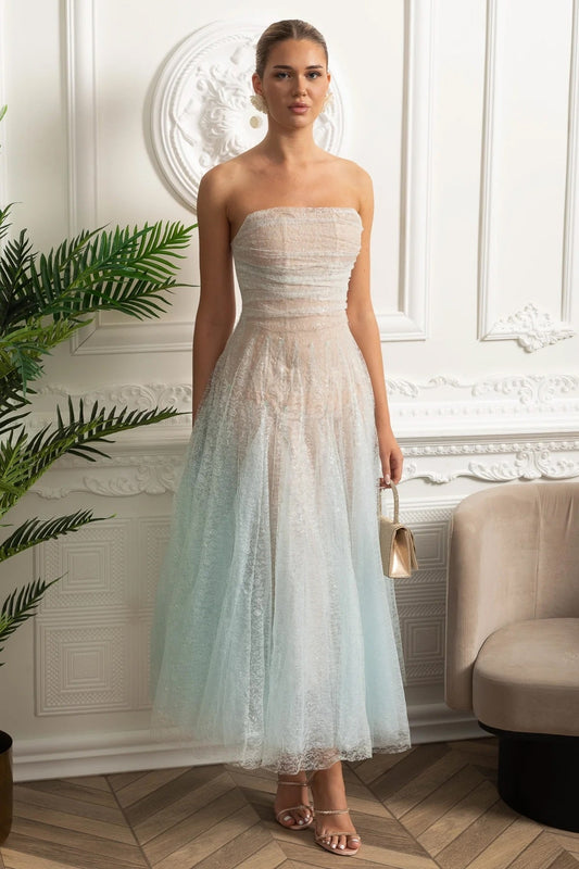Strapless Tulle Midi Dress with Iridescent Sparkle – Turquoise Gradient