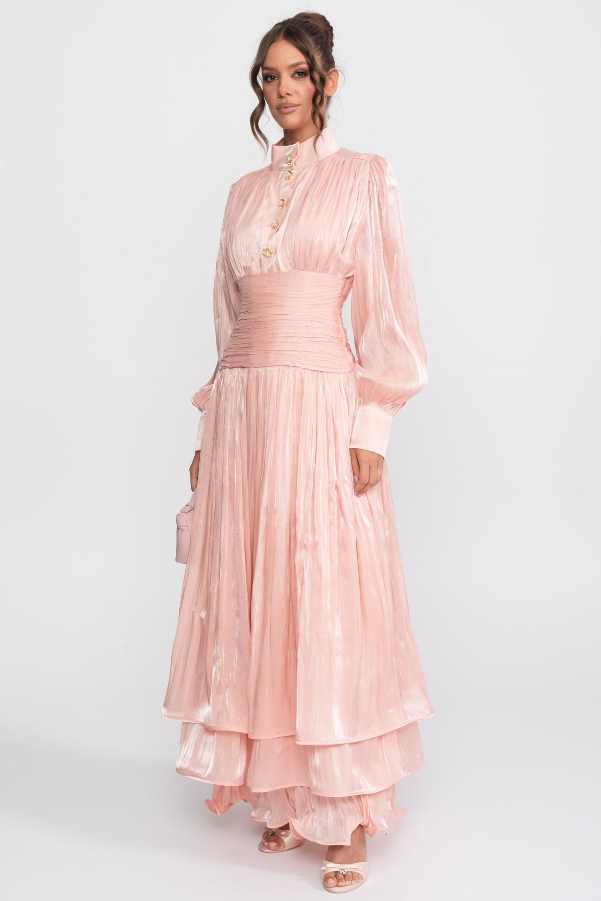 Balloon Sleeve Tiered Maxi Dress with Jewelled Rose Buttons – Peach – view 3