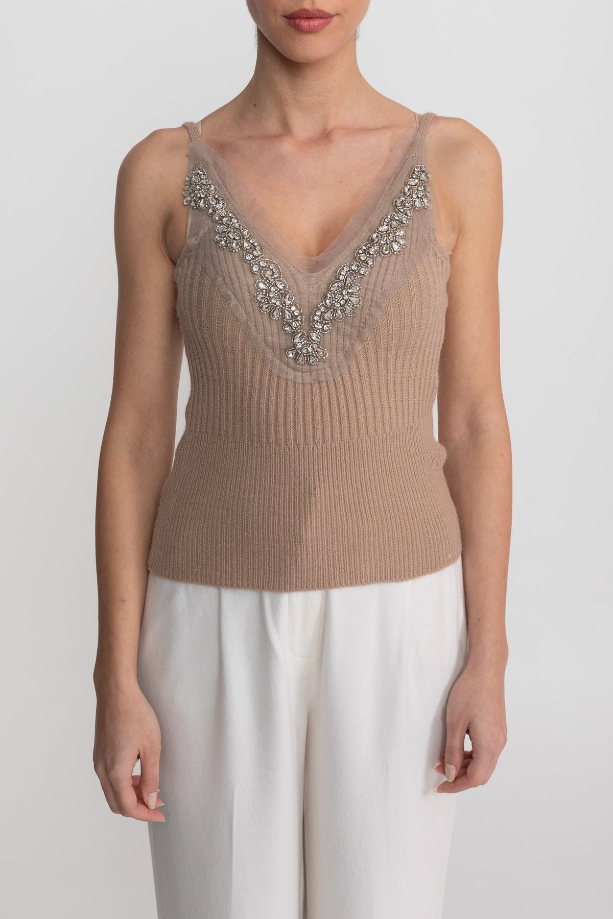 Crystal Knit Camisole and Longline Cardigan Set with Feather Cuffs – Beige – view 4