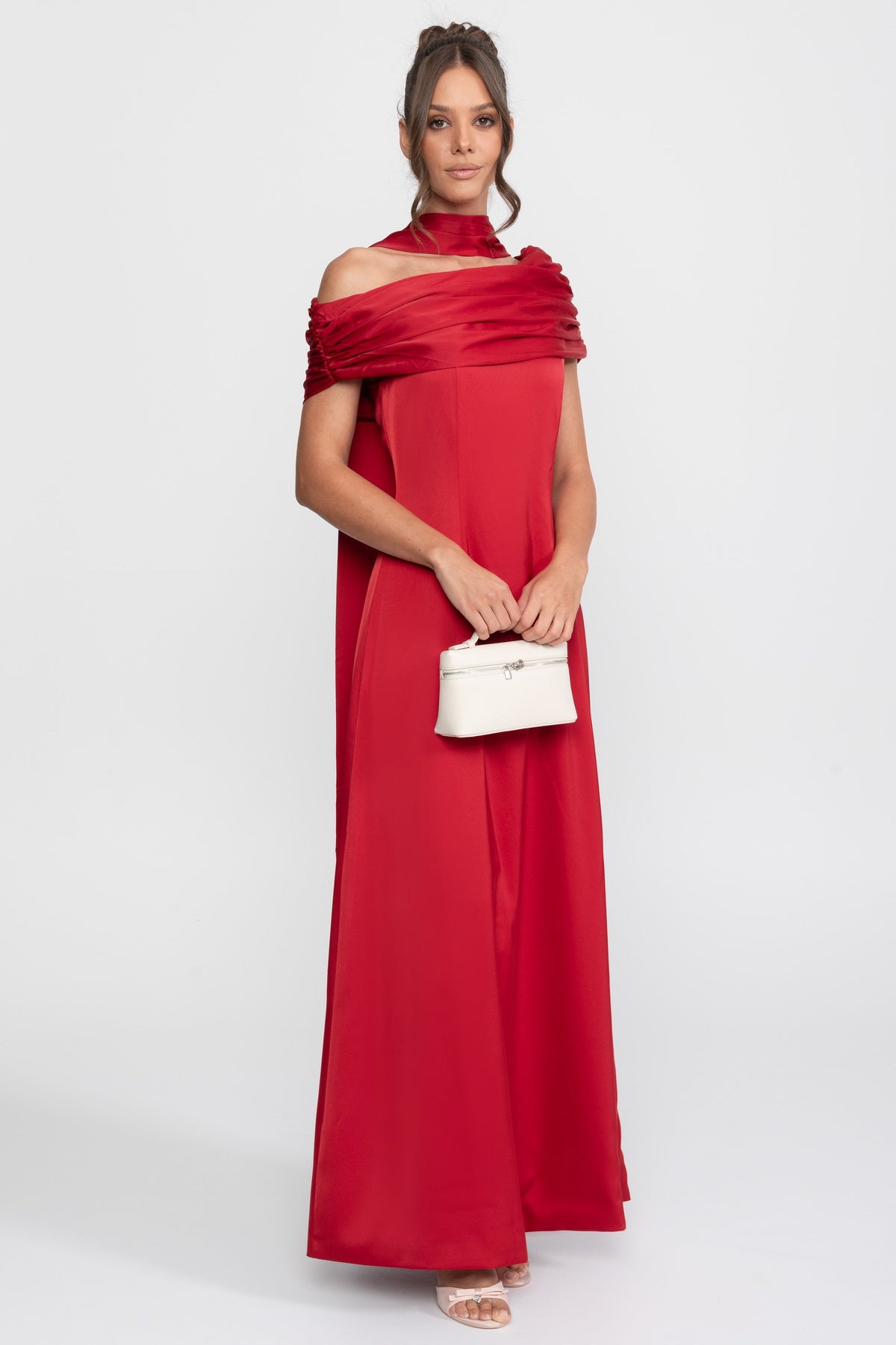 One-Shoulder Draped Satin Maxi Gown with Ruched Wrap Collar – Red – view 1