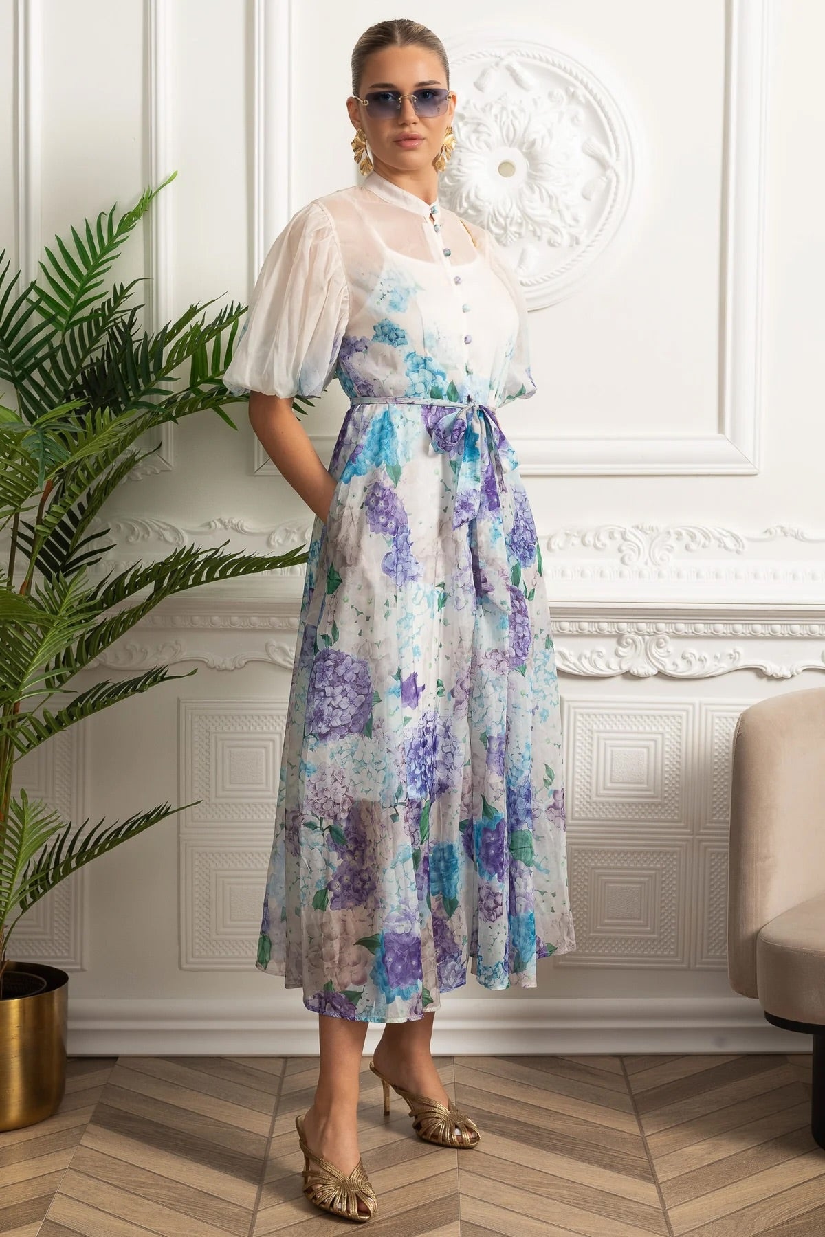 Sheer Botanical Print Puff Sleeve Midi Shirt Dress – White/Blue – view 3