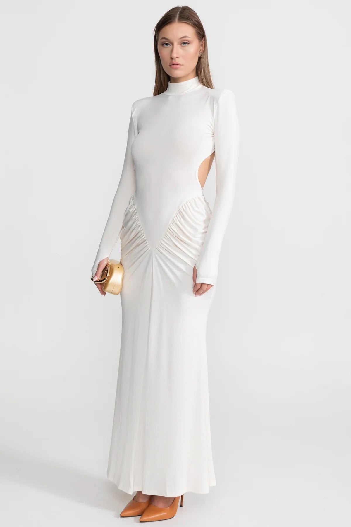 Stretch Satin Ruched Maxi Dress with Side Cut-Outs – White – view 2
