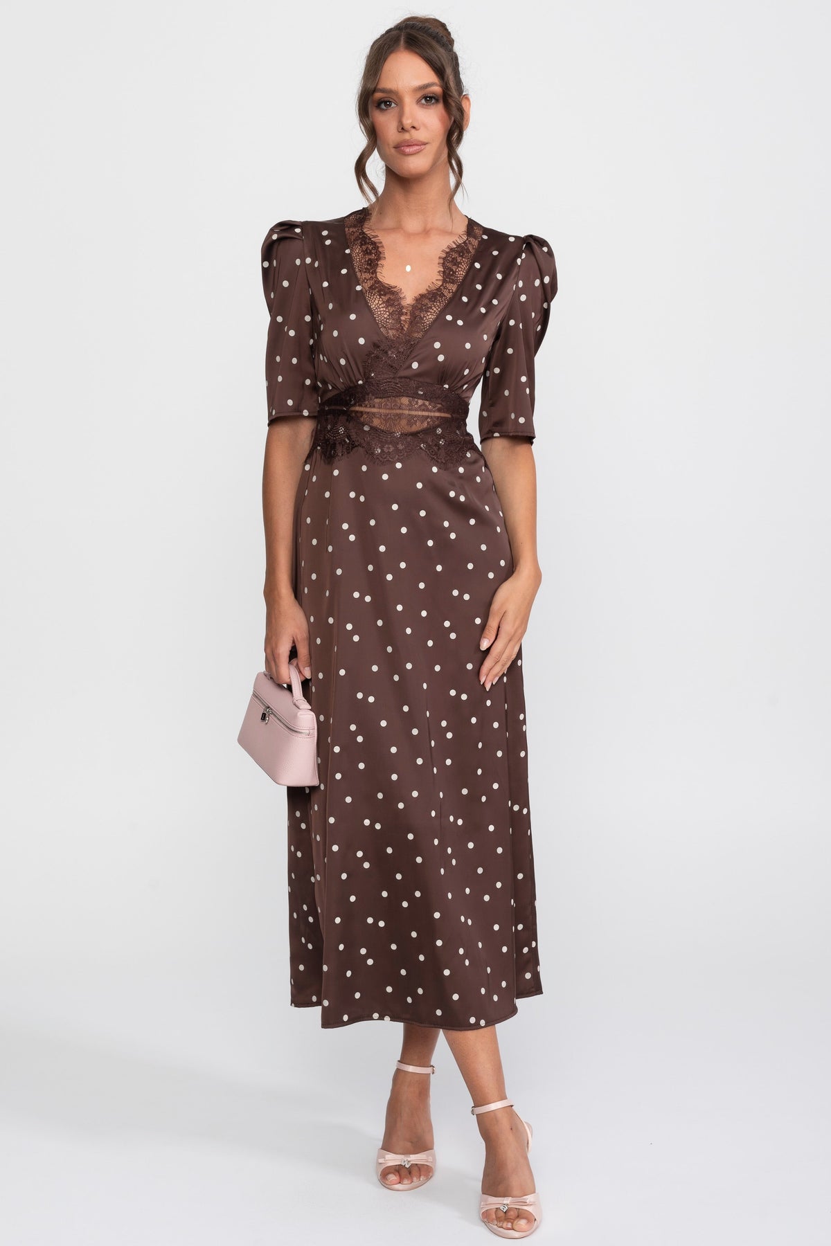 Satin Polka Dot Puff Sleeve Midi Dress with Lace Trim – Brown – view 2