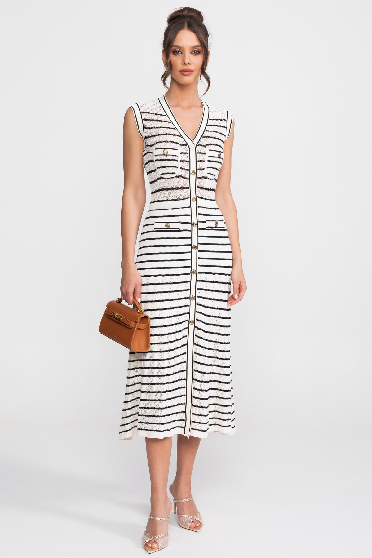Striped Knit V-Neck Button-Through Midi Dress – White and Black – view 2