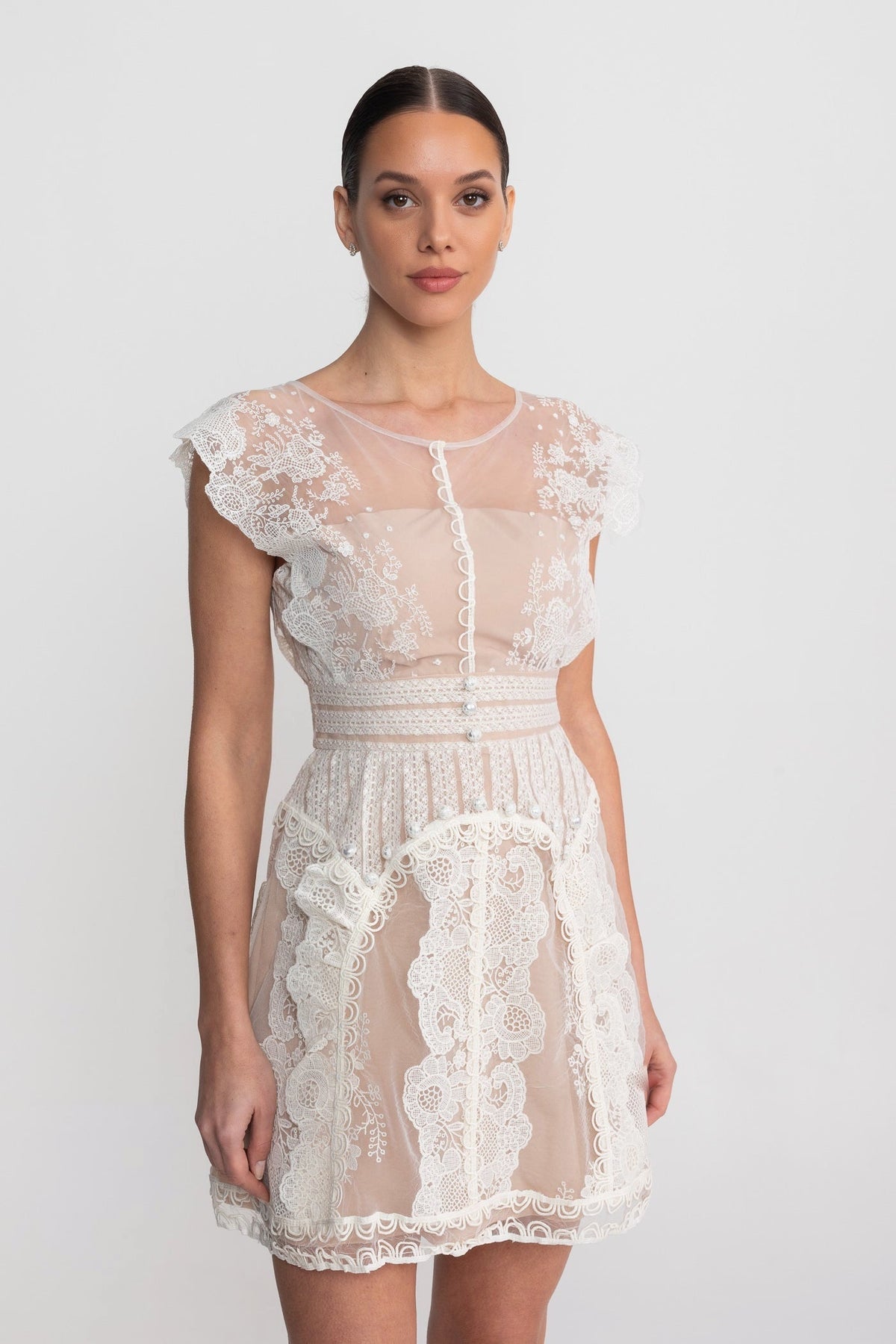 Lace Cap Sleeve Mini Dress with Sheer Yoke and Pearl Buttons – Ivory – view 4