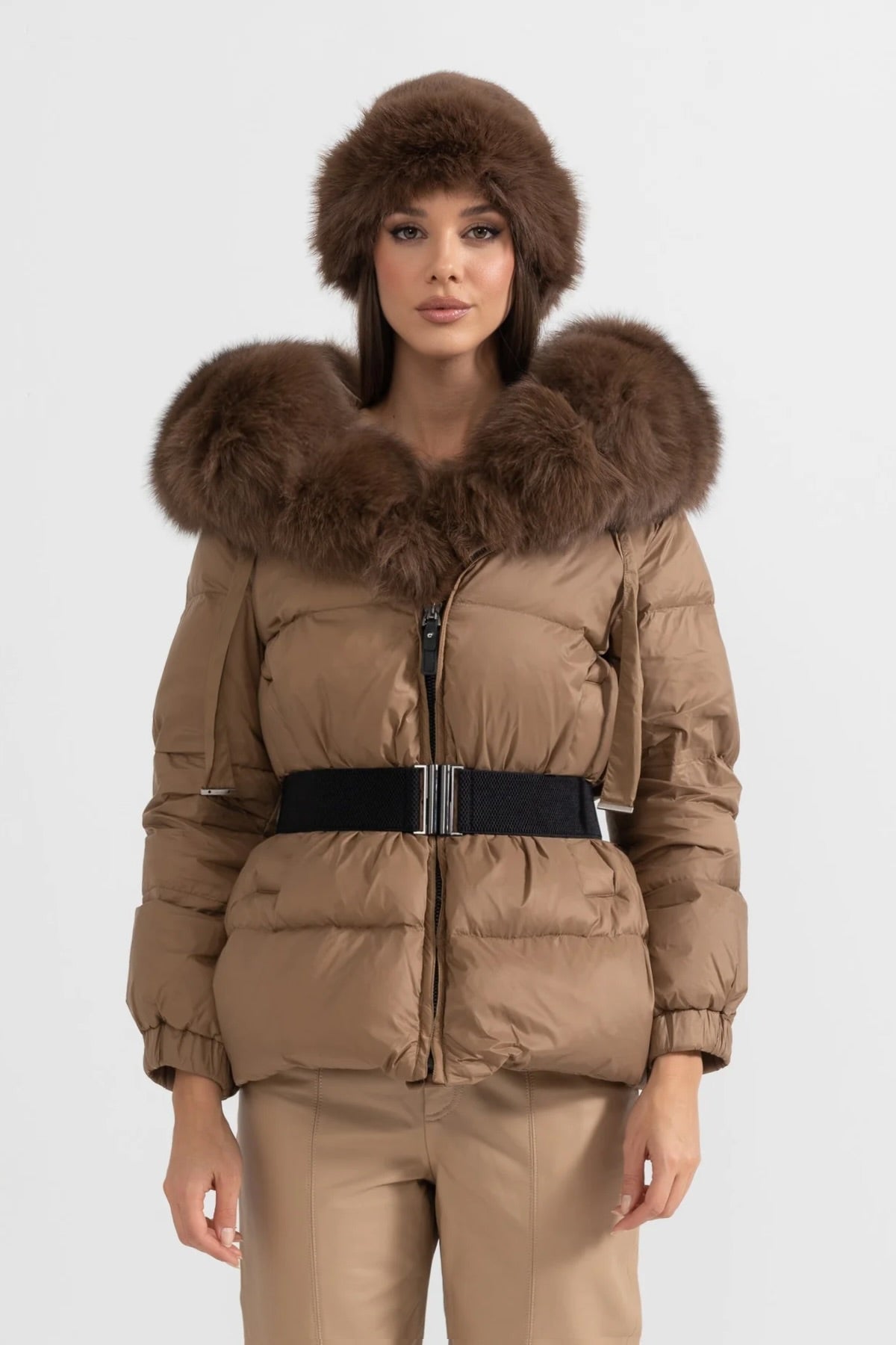 Belted Duck Down Puffer Jacket with Brown Lined Hood – Brown – view 1
