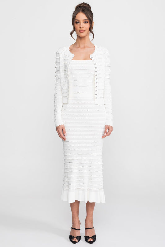 Bouclé Knit Puff Sleeve Blazer, Top and Midi Skirt Three-Piece Set – White