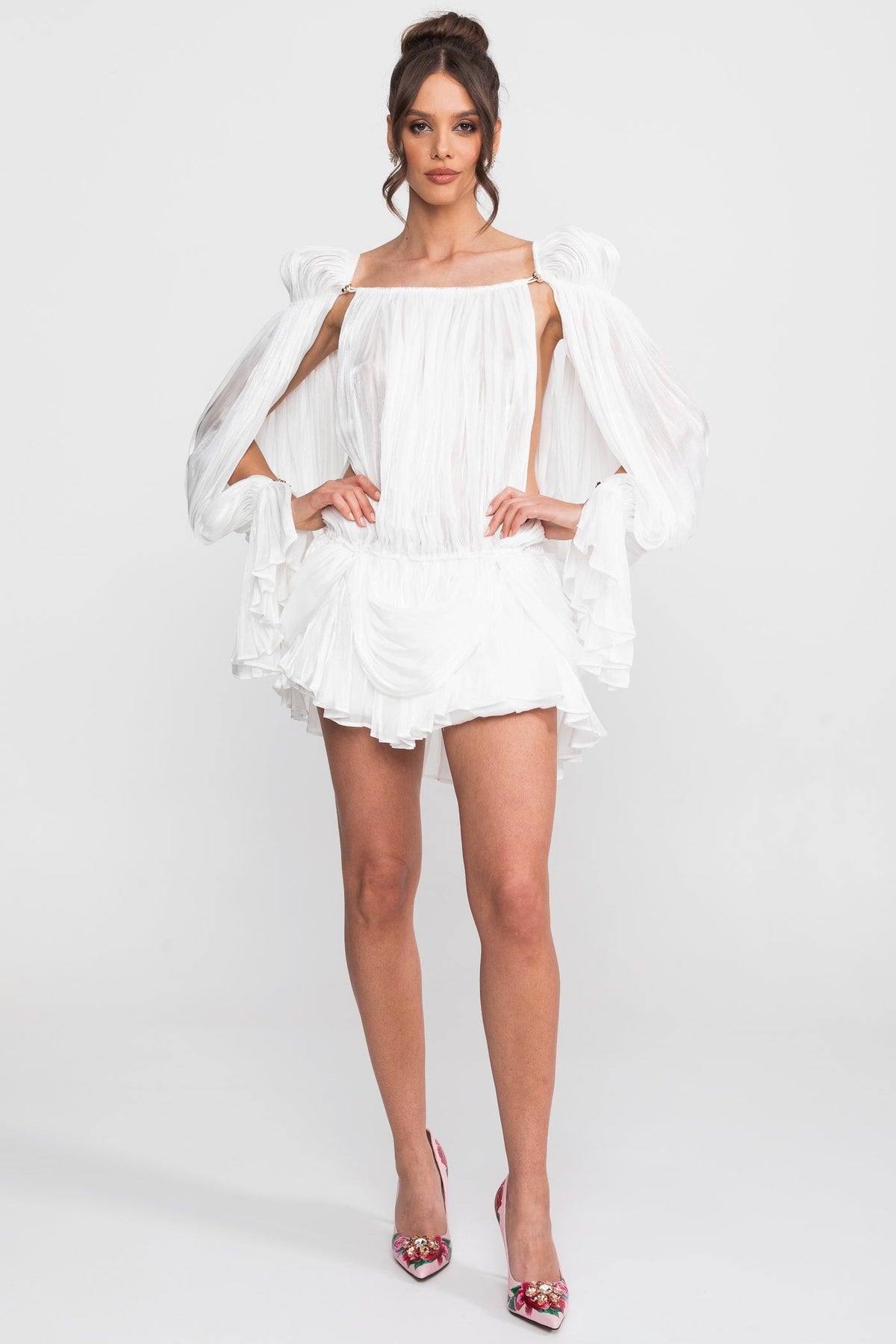 Sheer Chiffon Cape Sleeve Mini Dress with Gold Clip Detail – White – view 2