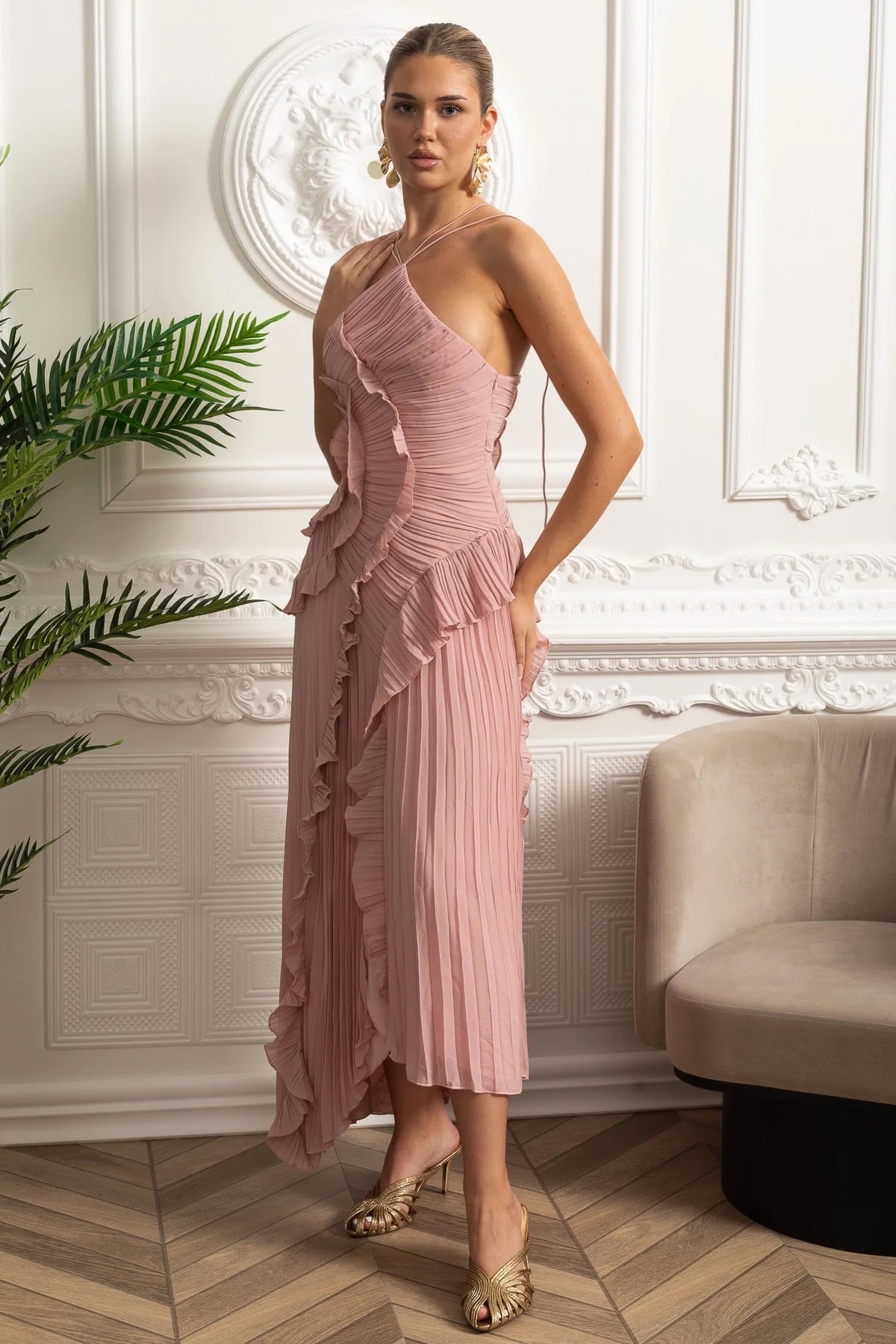 Accordion Pleated Halter Midi Dress with Cascading Ruffles – Pink – view 7